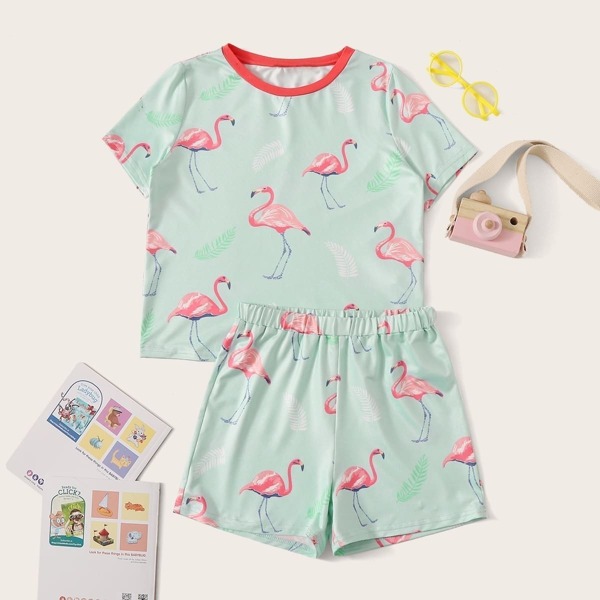 

Girls Contrast Neck Flamingo Print Top & Shorts PJ Set