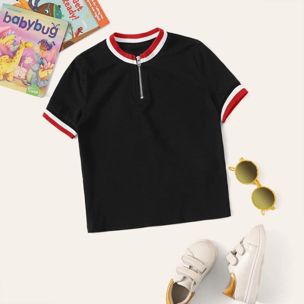 

Girls Zip Half Placket Striped Ringer Polo Shirt