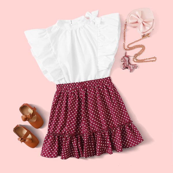 

Girls Mock-neck Ruffle Armhole Top and Polka Dot Skirt Set, Multicolor