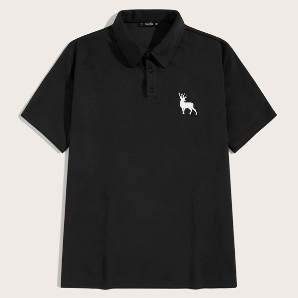

Men Deer Print Polo Shirt, Black