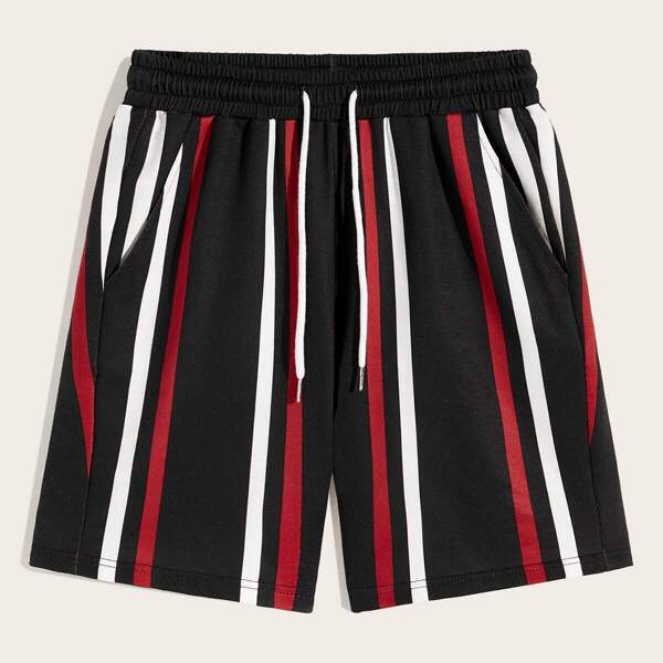 

Men Drawstring Waist Slant Pocket Striped Shorts