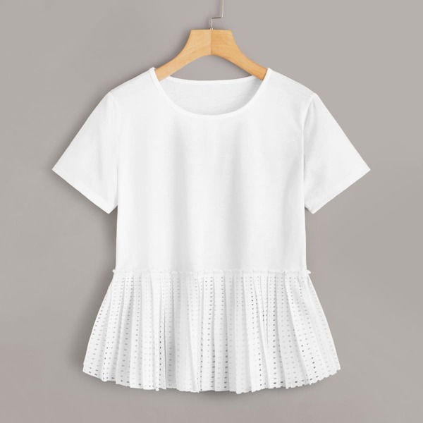

Solid Pleated Ruffle Hem Tee, White
