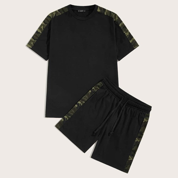 

Men Camo Side Tee and Drawstring Waist Shorts Set, Black