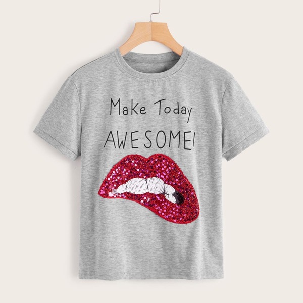 

Contrast Sequin Lip Slogan Graphic Tee