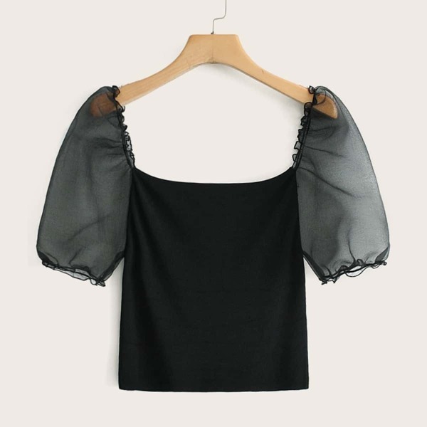 

Contrast Mesh Puff Sleeve Top, Black