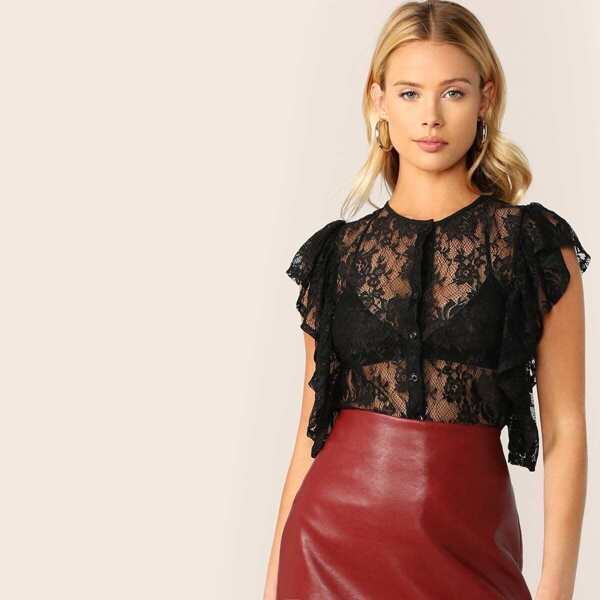 

Embroidered Lace Ruffle Armhole Placket Blouse