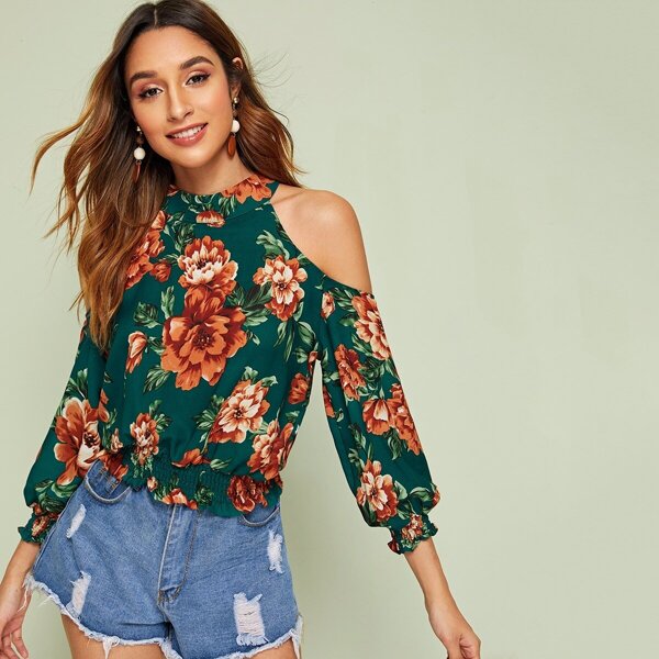 

Large Floral Cold Shoulder Shirred Top