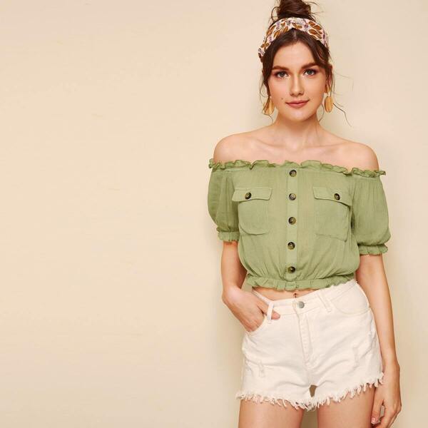 

Bardot Frill Trim Flap Pocket Crop Blouse, Green pastel