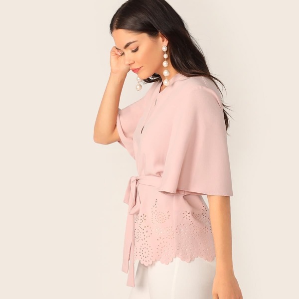 

V-cut Neck Laser Cut Belted Top, Pink pastel