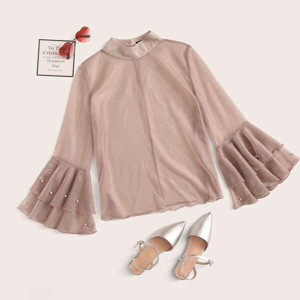

Layered Bell Sleeve Lettuce Trim Pearl Beaded Sheer Top