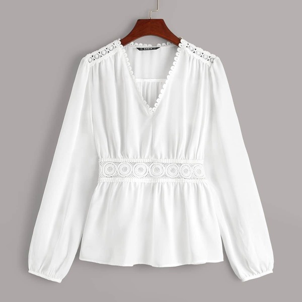 

Lace Insert Peplum Top, White