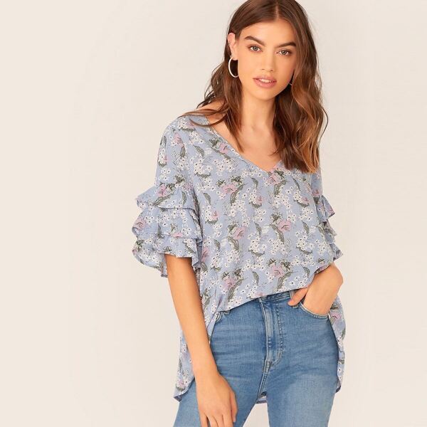 Botanical Print Layered Sleeve Dip Hem Top