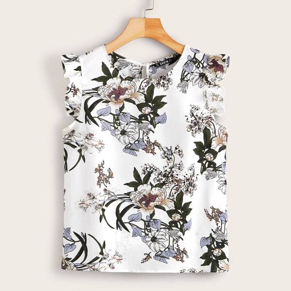 

Keyhole Back Ruffle Armhole Floral Print Top, Multicolor