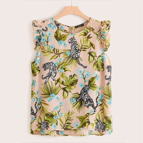 

Plus Tiger and Tropical Print Top, Multicolor