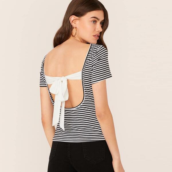 

Boat Neck Cutout Tie Back Striped Top