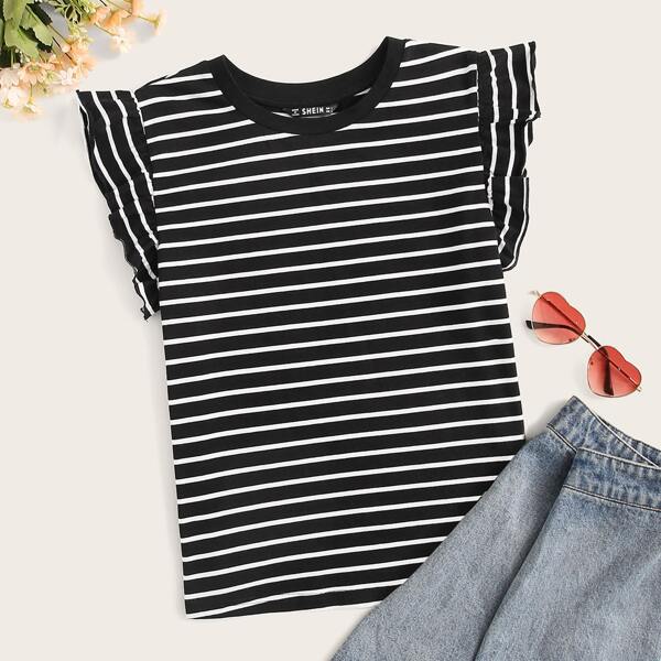 

Ruffle Armhole Striped Top, Black