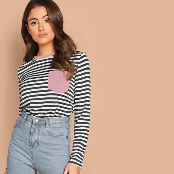 

Pocket Patched Striped Tee, Black and white