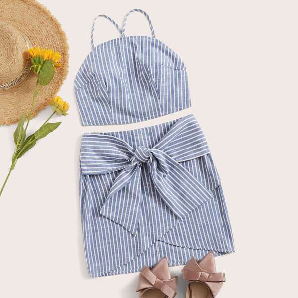 

Lace-up Back Striped Crop Top and Tie Front Skirt Set, Blue pastel