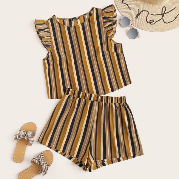 

Ruffle Armhole Striped Top & Shorts Set