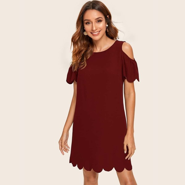 

Cold Shoulder Scallop Edge Solid Dress, Burgundy