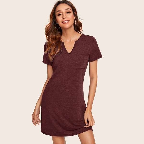 

V-cut Neck Patch Pocket Textured Dress, Burgundy