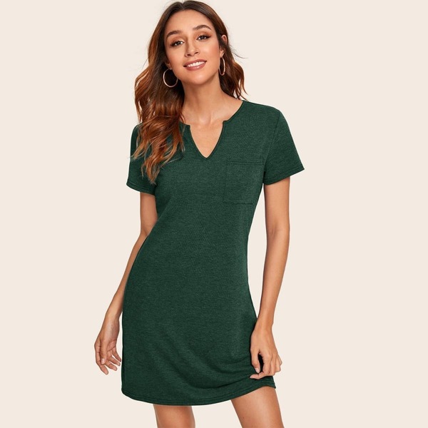 

Notch Neck Pocket Patched Tee Dress, Green