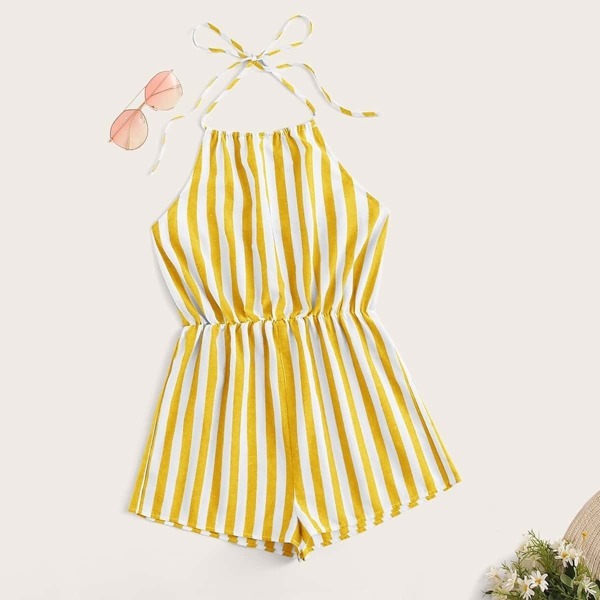 

Blouson Waist Tie Back Striped Romper, Yellow