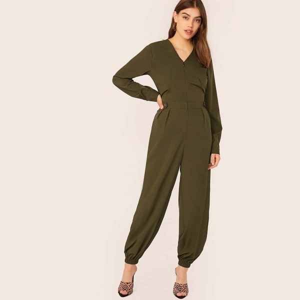 

Zip Front Elastic Waist Lantern Leg Jumpsuit, Army green