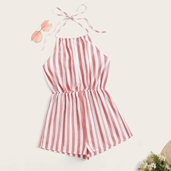 

Tie Neck Striped Halter Romper, Red