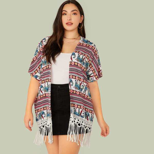 

Plus Tribal Print Guipure Lace Hem Kimono, Multicolor