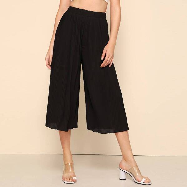 

Solid Pleated Wide Leg Pants, Black