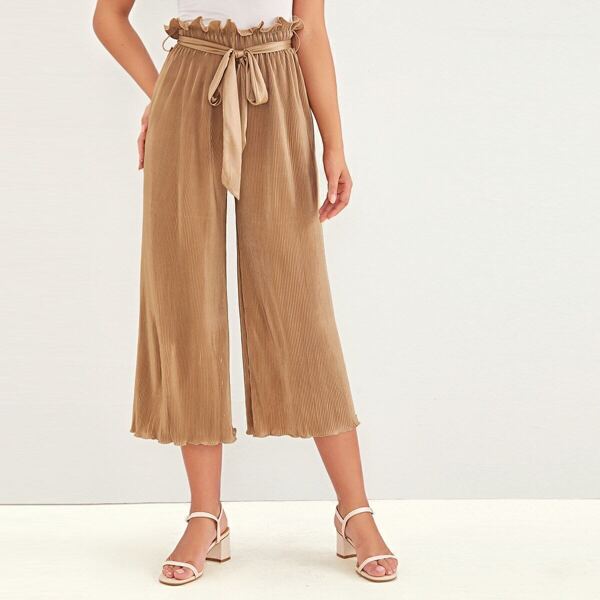 

Paperbag Waist Self Belted Wide Leg Pleated Pants, Khaki