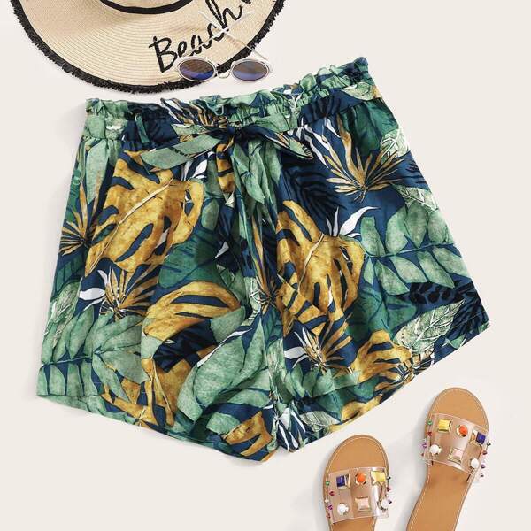 

Plus Paperbag Waist Self Belted Tropical Shorts