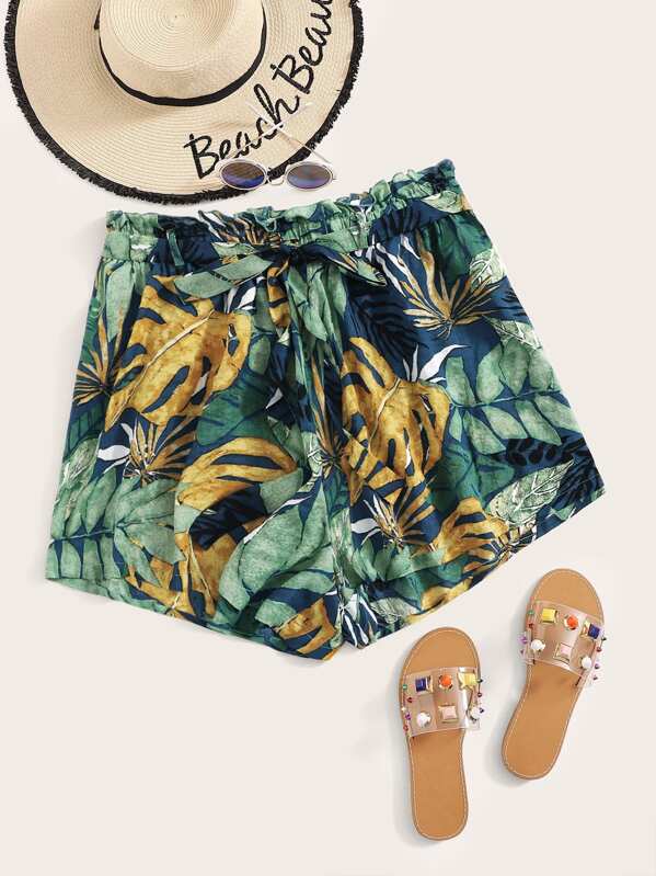 

Plus Paperbag Waist Self Belted Tropical Shorts, Multicolor