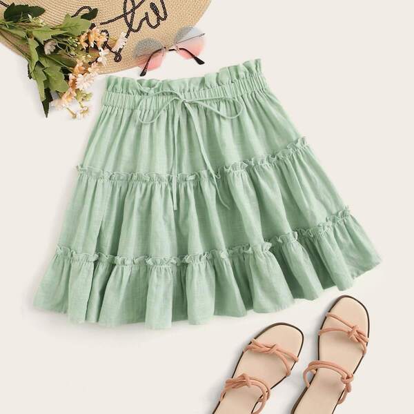 

Paperbag Waist Frill Layered Ruffle Hem Skirt, Green pastel