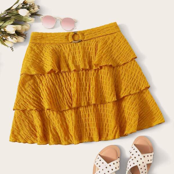 

O-ring Detail Waist Tiered Layered Shirred Skirt