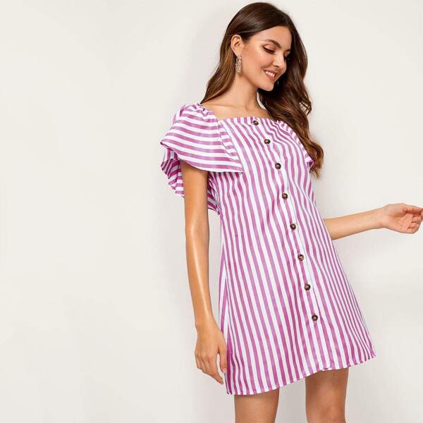 

Striped Button Through Butterfly Sleeve Dress, Pink