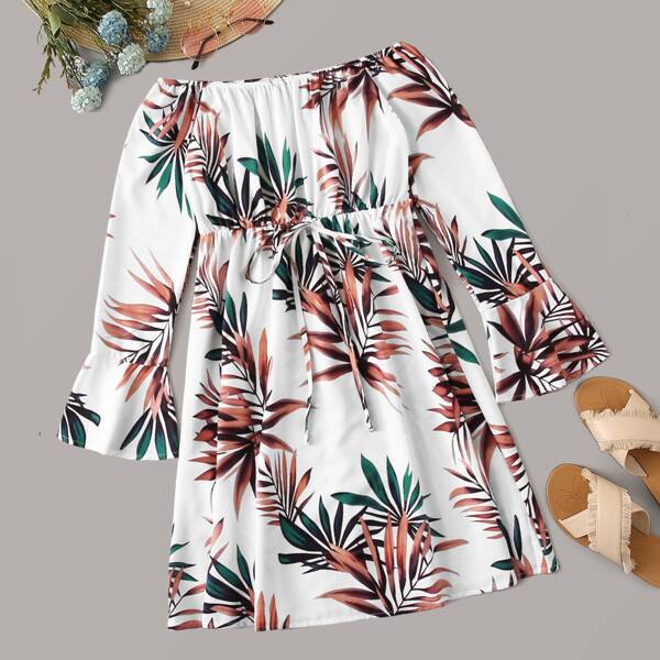 

Leaf Print Drawstring Waist Off Shoulder Dress, Multicolor