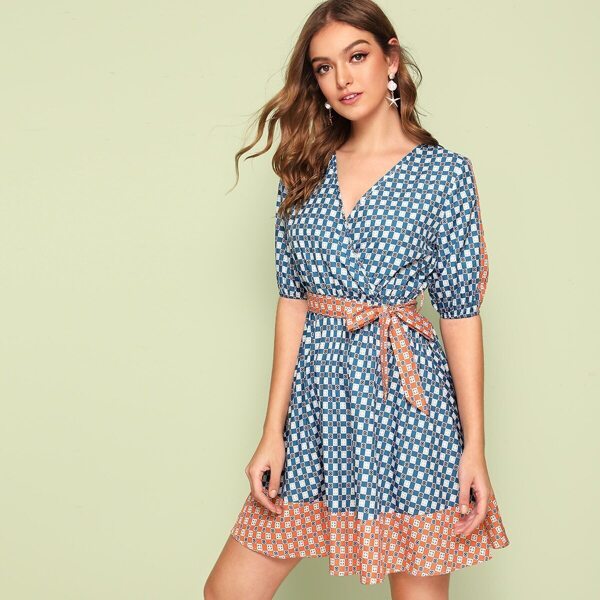 

Tribal Plaid Print Surplice Front Belted Dress