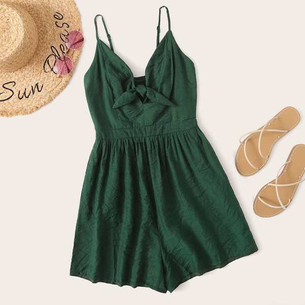 

Tie Front Shirred Back Cami Romper, Green