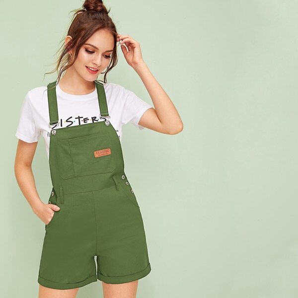 

Patched Rolled Hem Denim Overall