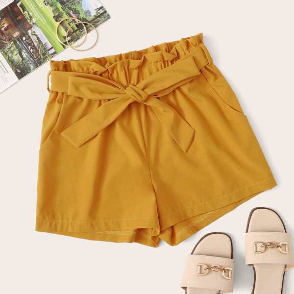 

Solid Paper Bag Belted Shorts