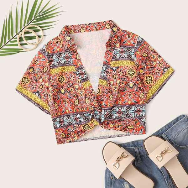 

Tribal Print Twist Front Crop Top, Multicolor