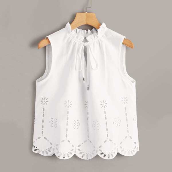 

Laser Cut Tie Neck Sleeveless Top, White