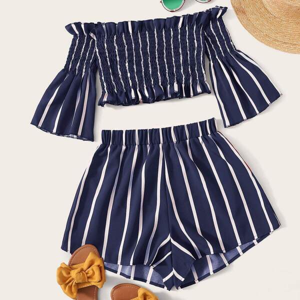 

Striped Print Shirred Bardot Top With Shorts