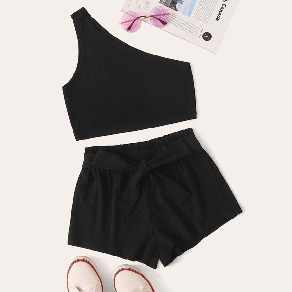 

One Shoulder Crop Top With Paper Bag Belted Shorts