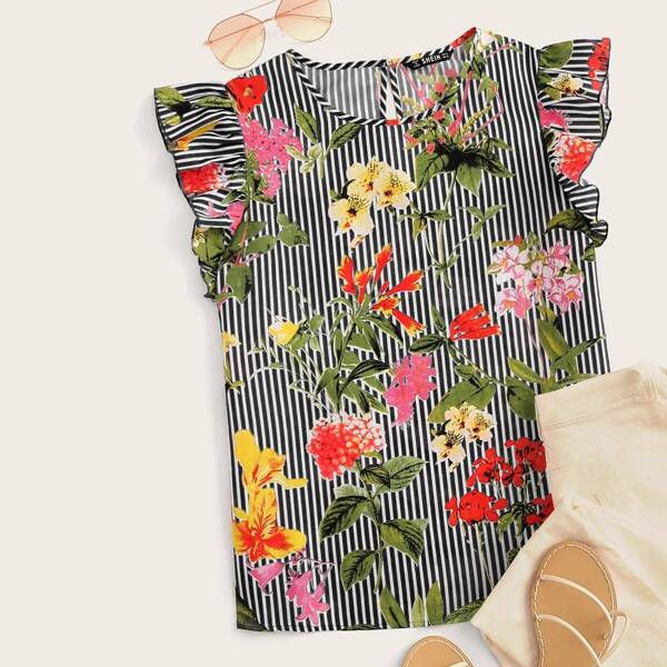 

Striped & Floral Print Ruffle Armhole Top