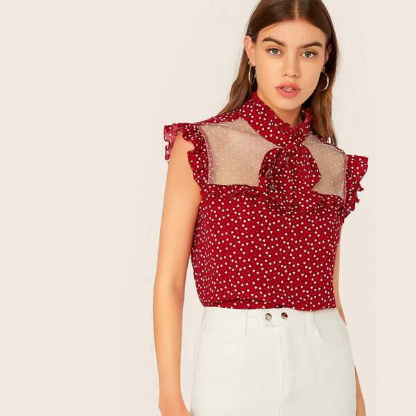 

Tie Neck Ruffle Trim Dot Mesh Yoke Heart Print Top