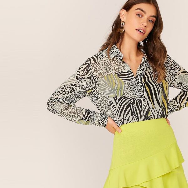 

Collared Mixed Animal Print Shirt