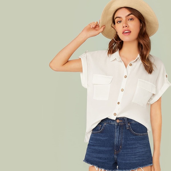 

Roll Up Cuff Flap Pocket Patched Shirt